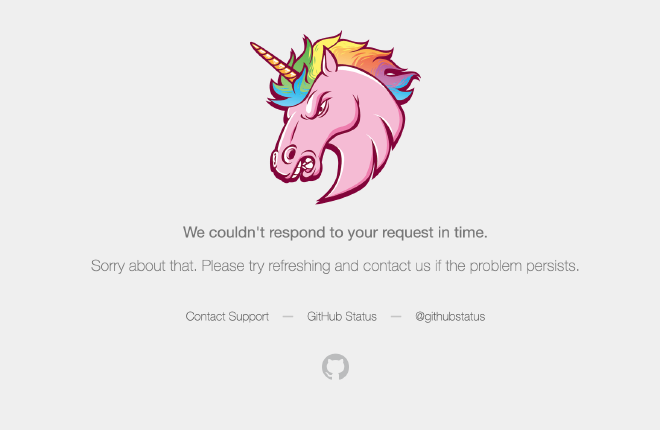 GitHub error page saying &ldquo;We couldn&rsquo;t respond to your request in time.&rdquo;